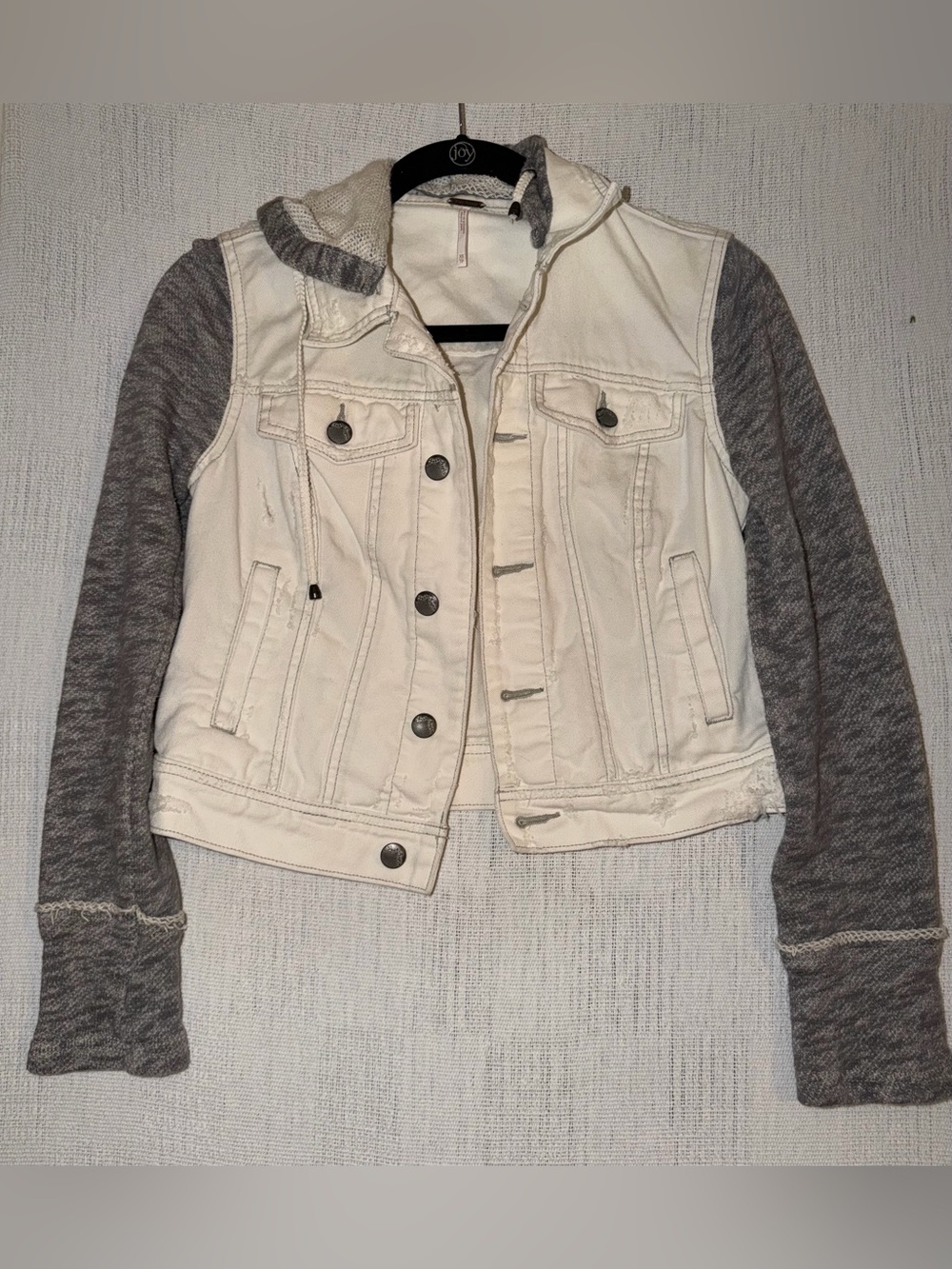 Free People | Knit Hooded White Denim Distressed Jean Jacket Fabric Sleeves - XS
